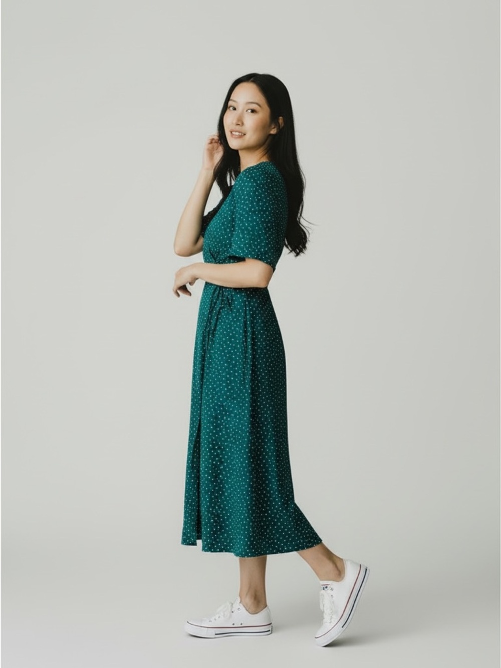 Green Polka Dot Tie-Front Midi Dress | Flutter Sleeve | Button Front